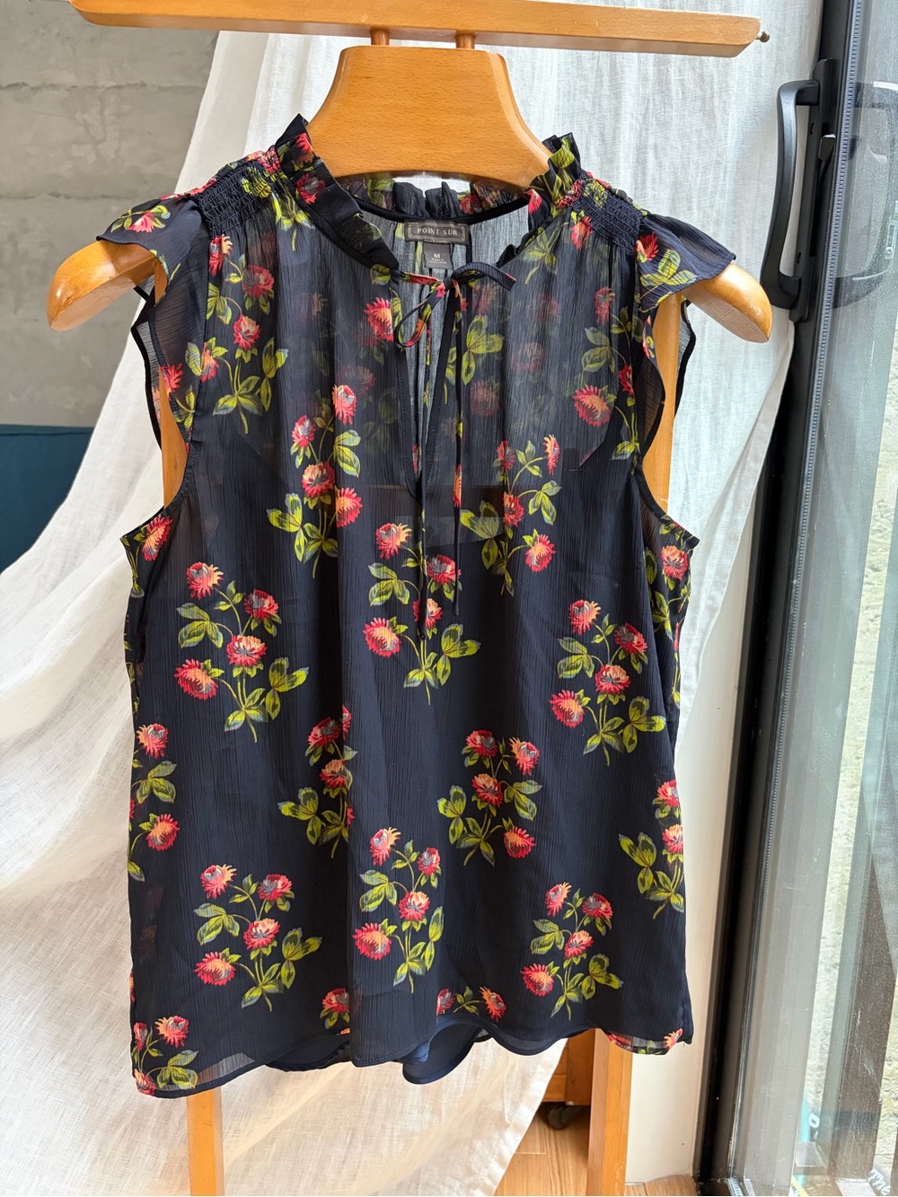 J. Crew Navy Sleeveless Floral Tie-Neck Blouse
